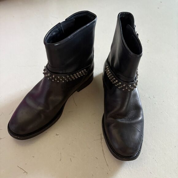 Saint Laurent Ankle Buckle Studded Leather Boots Black Size 37 US 7 - Picture 3 of 13